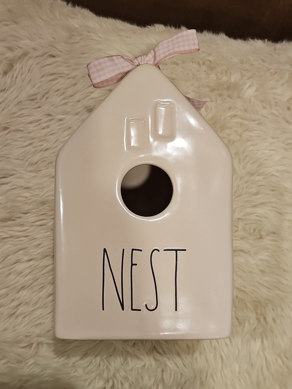 Rae Dunn Pink Gingham Bow NEST Birdhouse NWT Rare
